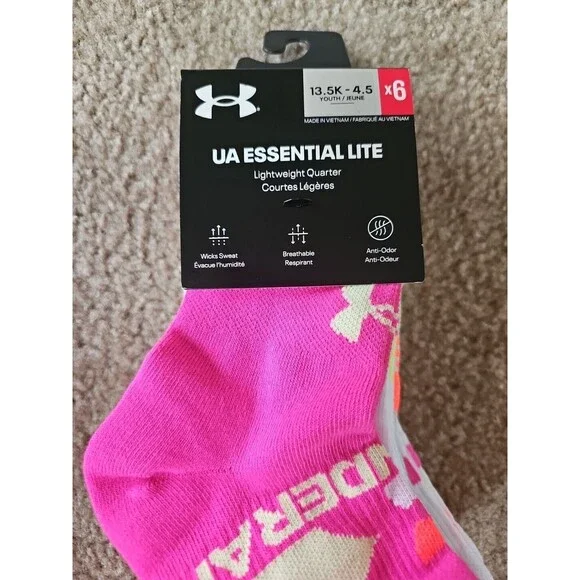 Under Armour Youth UA Essential Lite Quarter Socks Pink/Gray/White 6 Pair NEW - Picture 2 of 5
